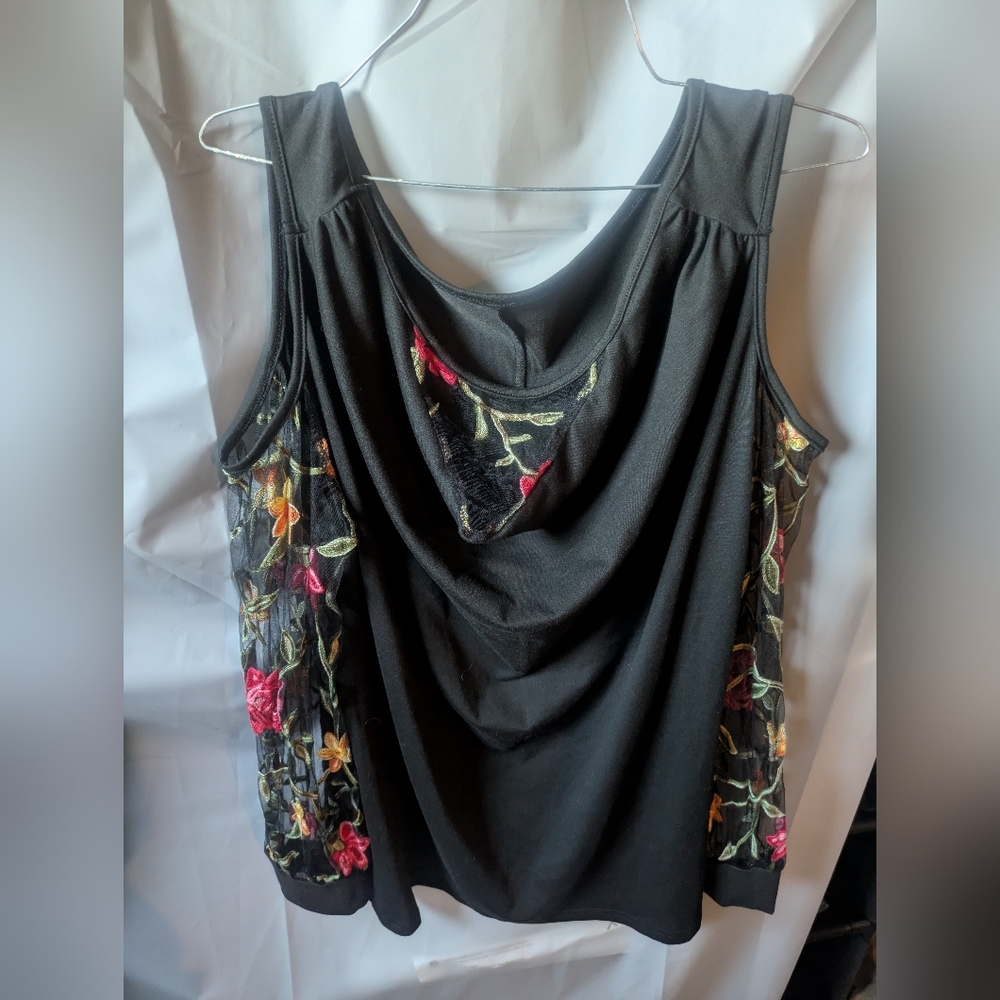 Black Draped Sleeveless Tank Top with Red Embellishments